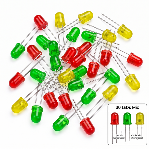 30pcs 5mm (Red, Green, Yellow) Diffused Light Emitting Diodes - LEDs Set